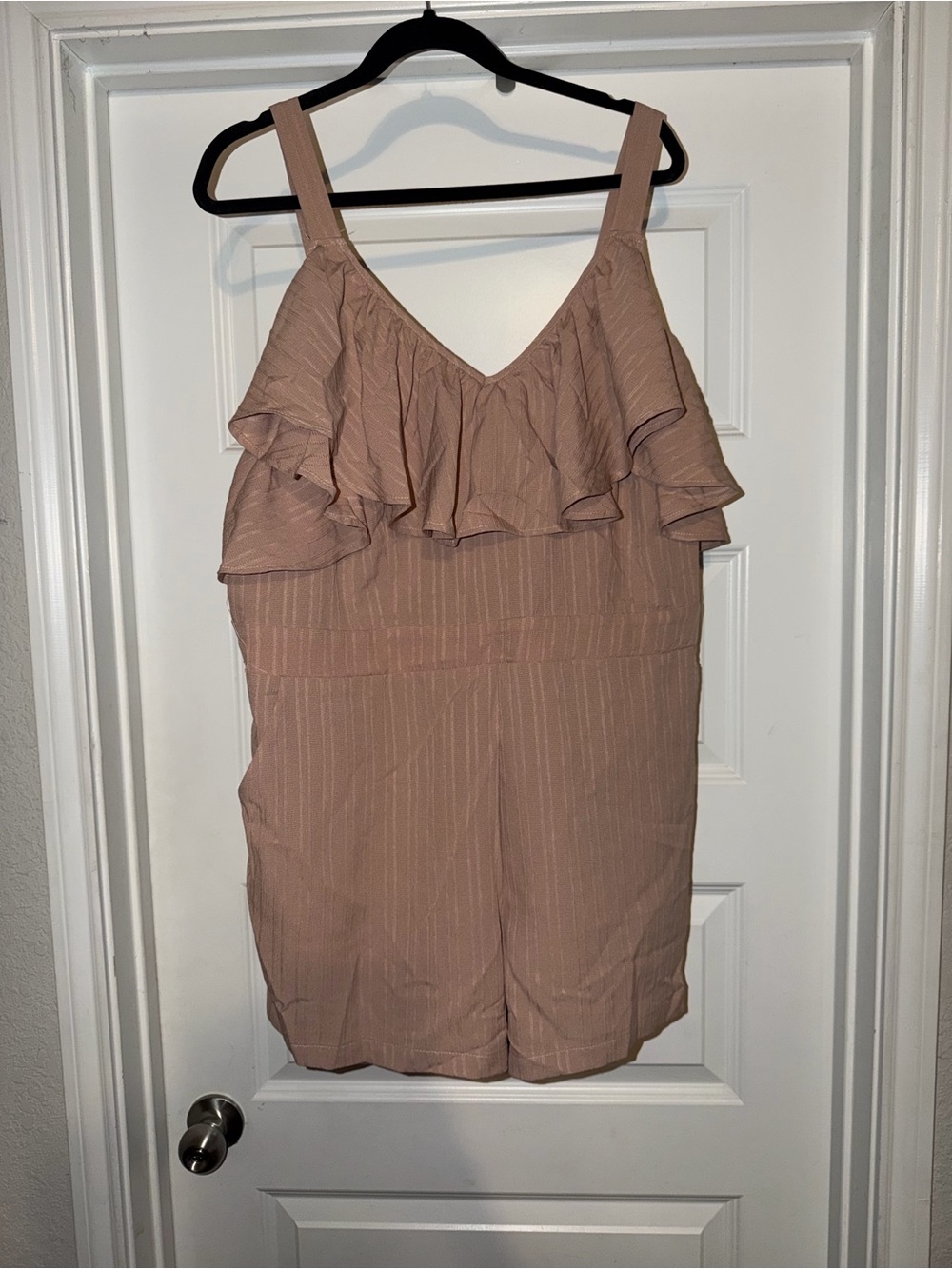 SHEIN Dusty Rose Pinstripe Ruffle Romper Shorts